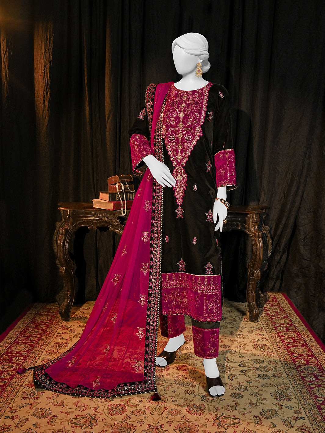 Velvet Black Stitched Suit - J. Junaid Jamshed