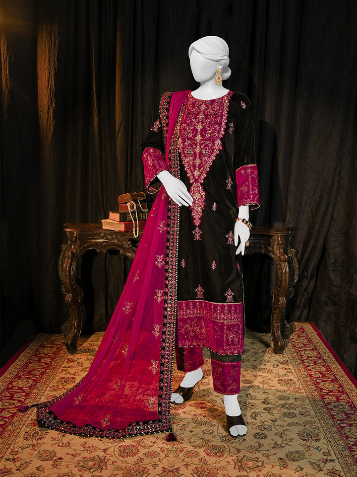 Velvet Black Stitched Suit - J. Junaid Jamshed