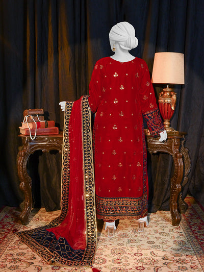 Velvet Red Stitched Suit - J. Junaid Jamshed