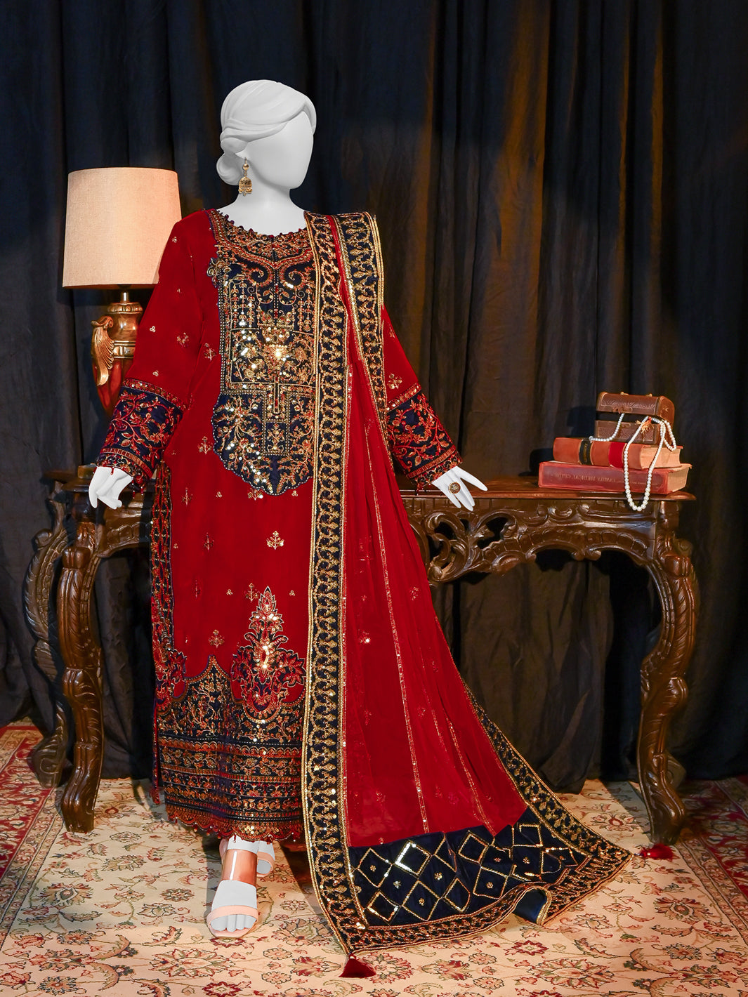 Velvet Red Stitched Suit - J. Junaid Jamshed