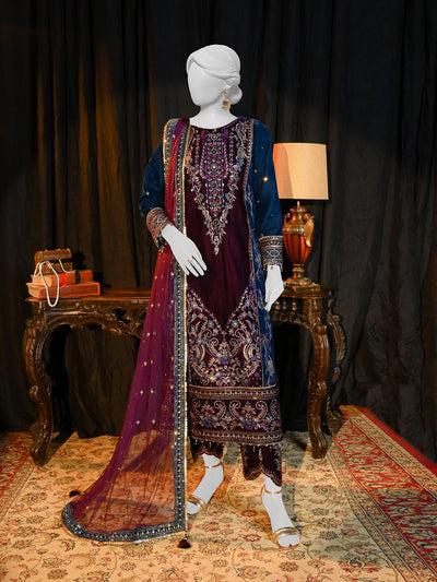 Velvet Deep Blue & Purple Stitched Suit - J. Junaid Jamshed