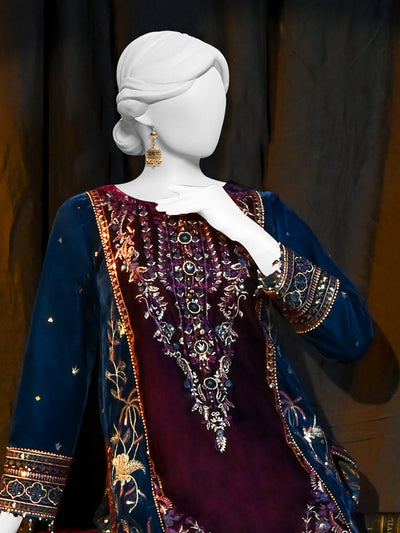 Velvet Deep Blue & Purple Stitched Suit - J. Junaid Jamshed