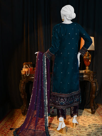 Velvet Deep Blue & Purple Stitched Suit - J. Junaid Jamshed