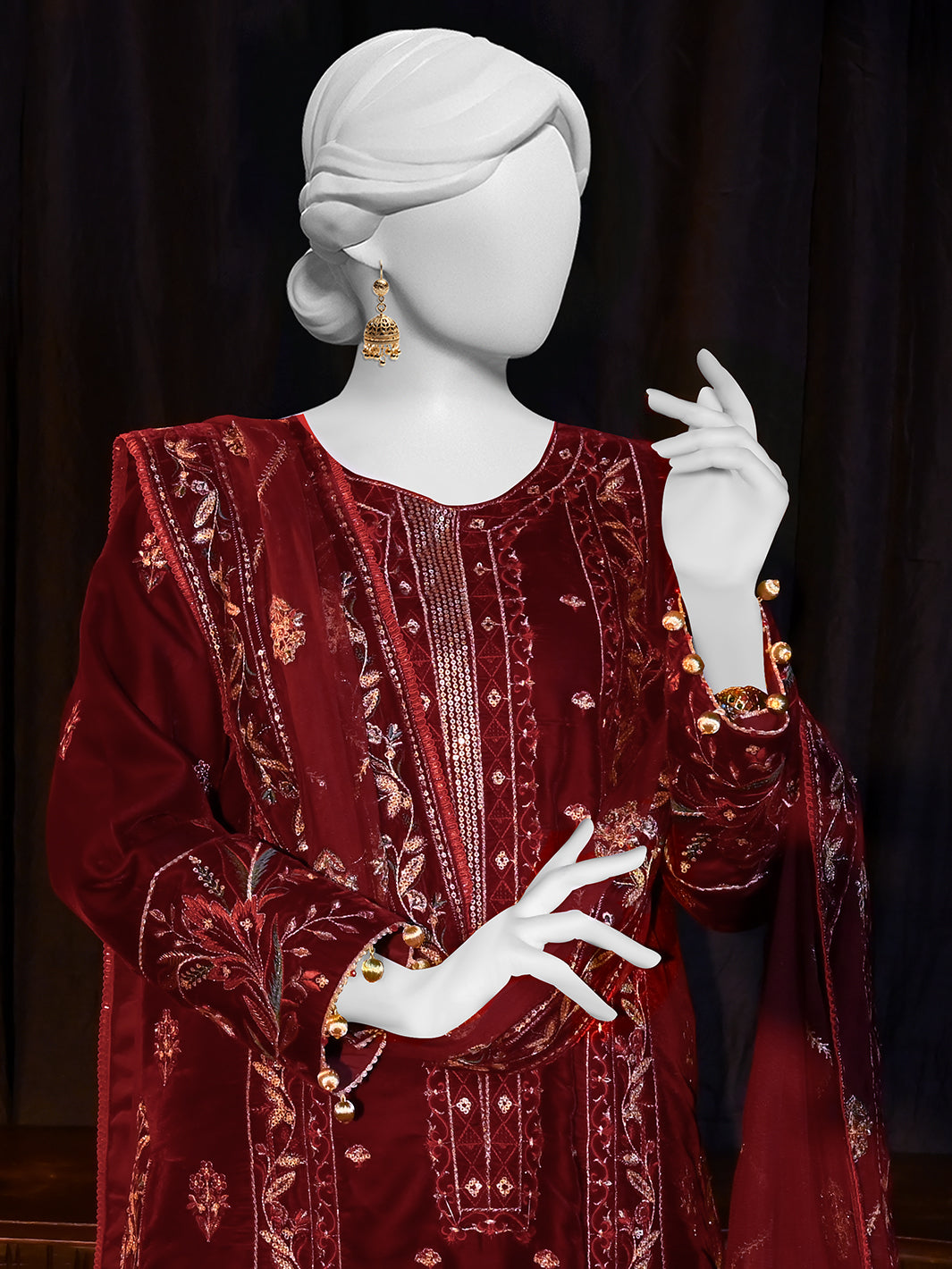 Velvet Maroon Stitched Suit - J. Junaid Jamshed