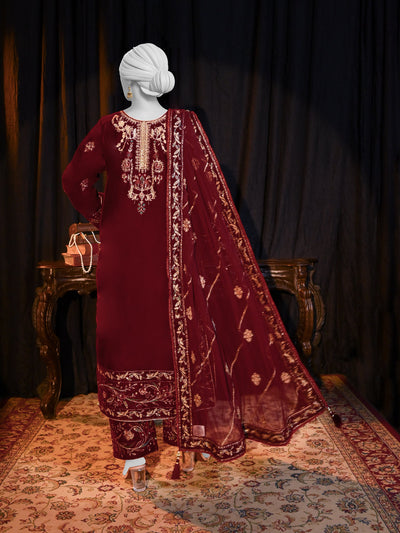 Velvet Maroon Stitched Suit - J. Junaid Jamshed