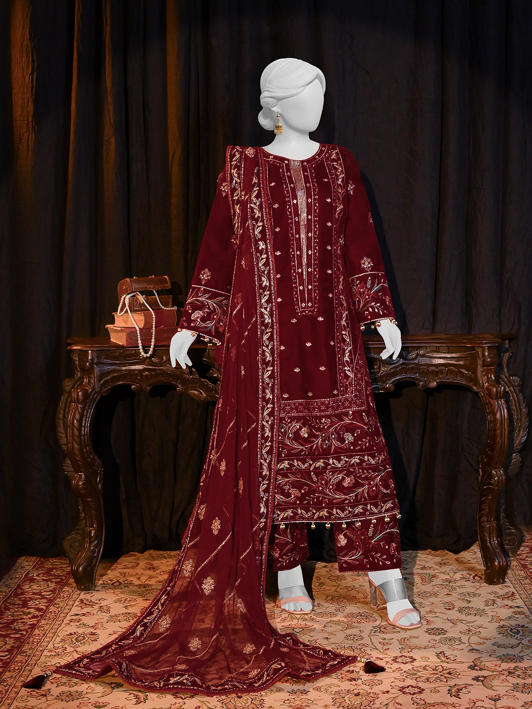 Velvet Maroon Stitched Suit - J. Junaid Jamshed