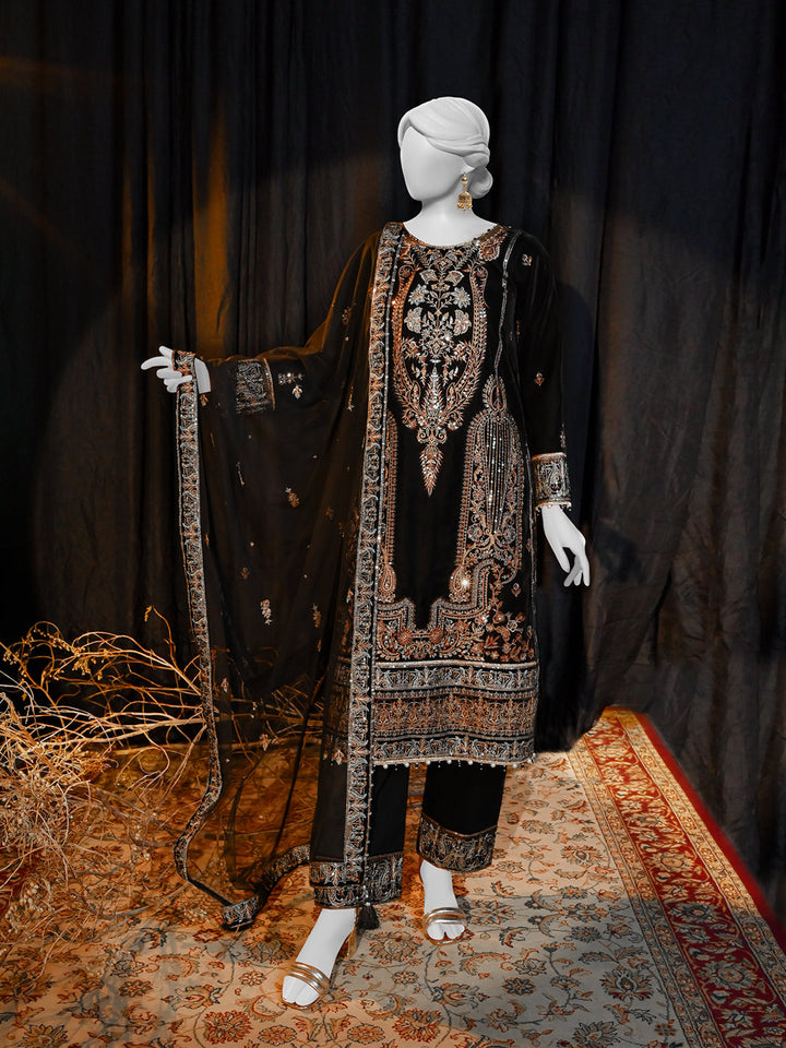 Velvet Black Stitched Suit - J. Junaid Jamshed