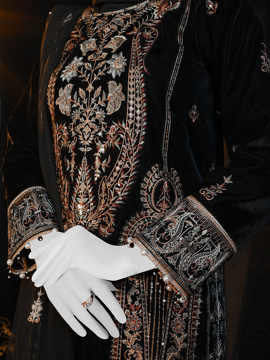 Velvet Black Stitched Suit - J. Junaid Jamshed