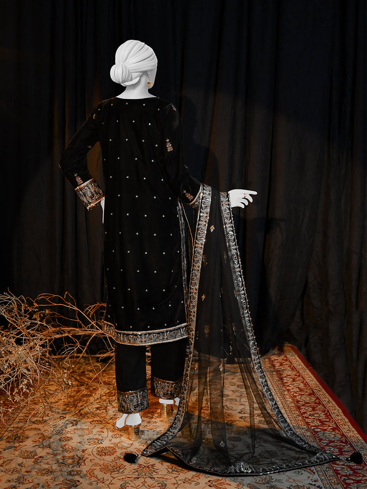 Velvet Black Stitched Suit - J. Junaid Jamshed