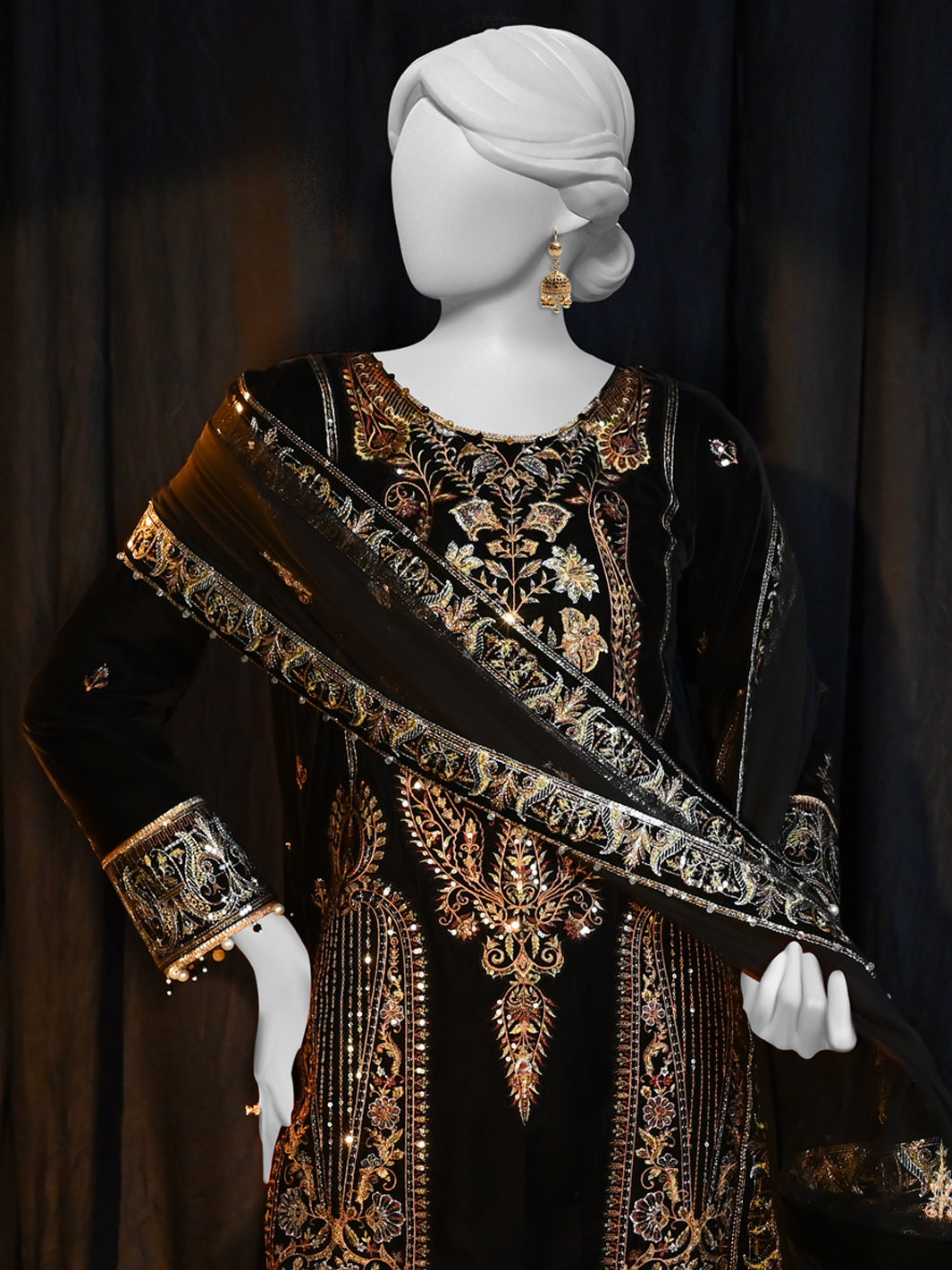 Velvet Black Stitched Suit - J. Junaid Jamshed