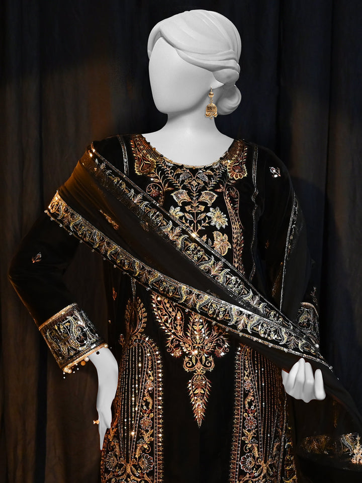 Velvet Black Stitched Suit - J. Junaid Jamshed
