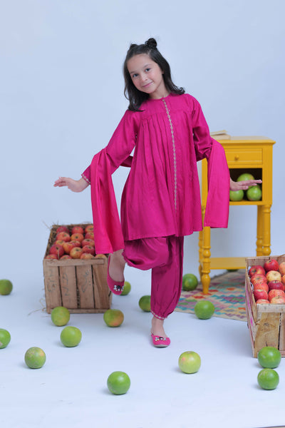 Viscose Self Dobby Shocking Pink & Gold Stitched Suit - Senorita