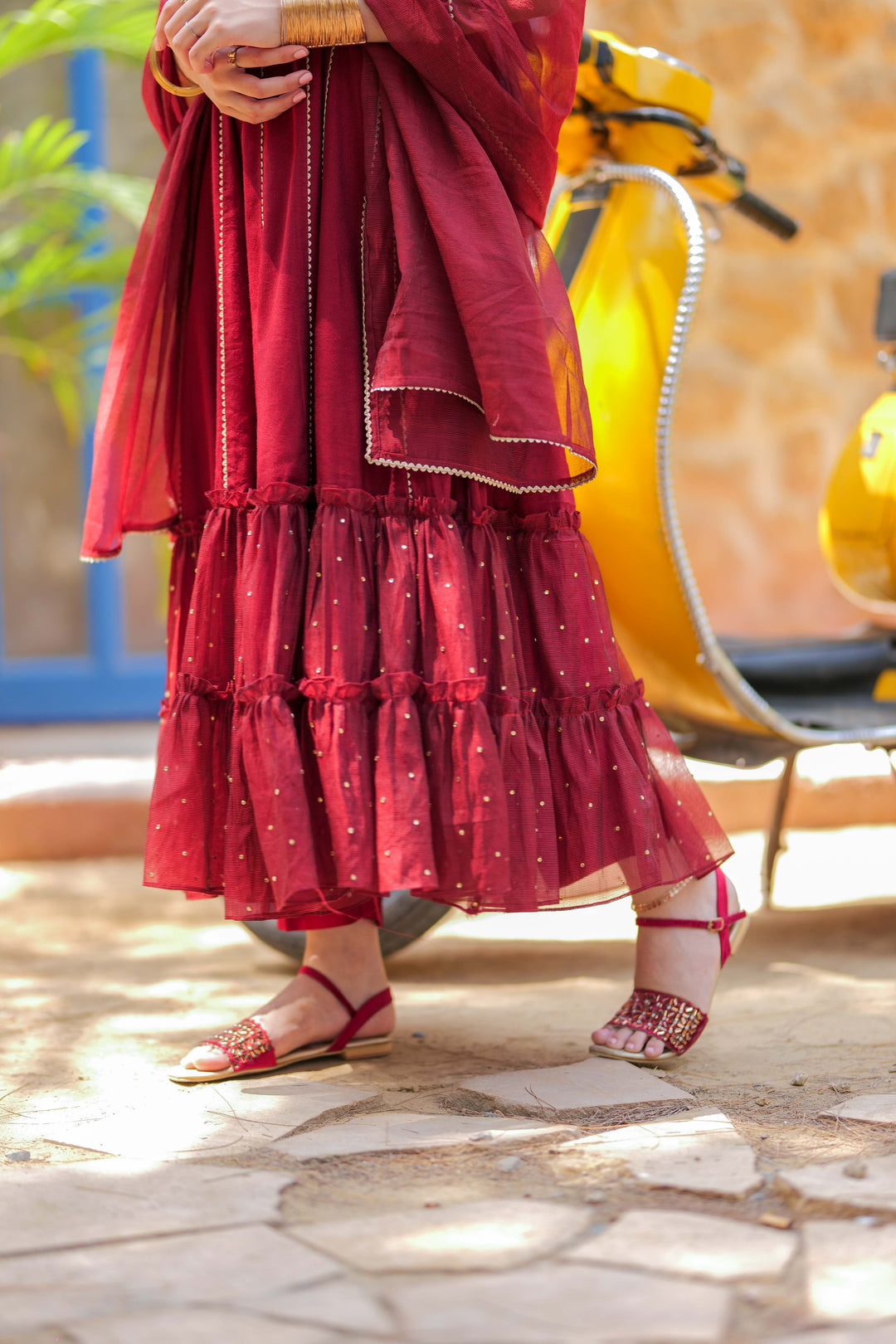 Viscose Chambray Katan Maroon & Gold Stitched Suit - Senorita
