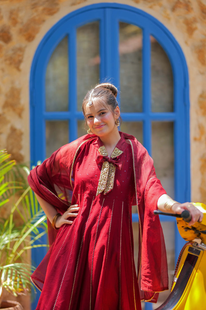Viscose Chambray Katan Maroon & Gold Stitched Suit - Senorita