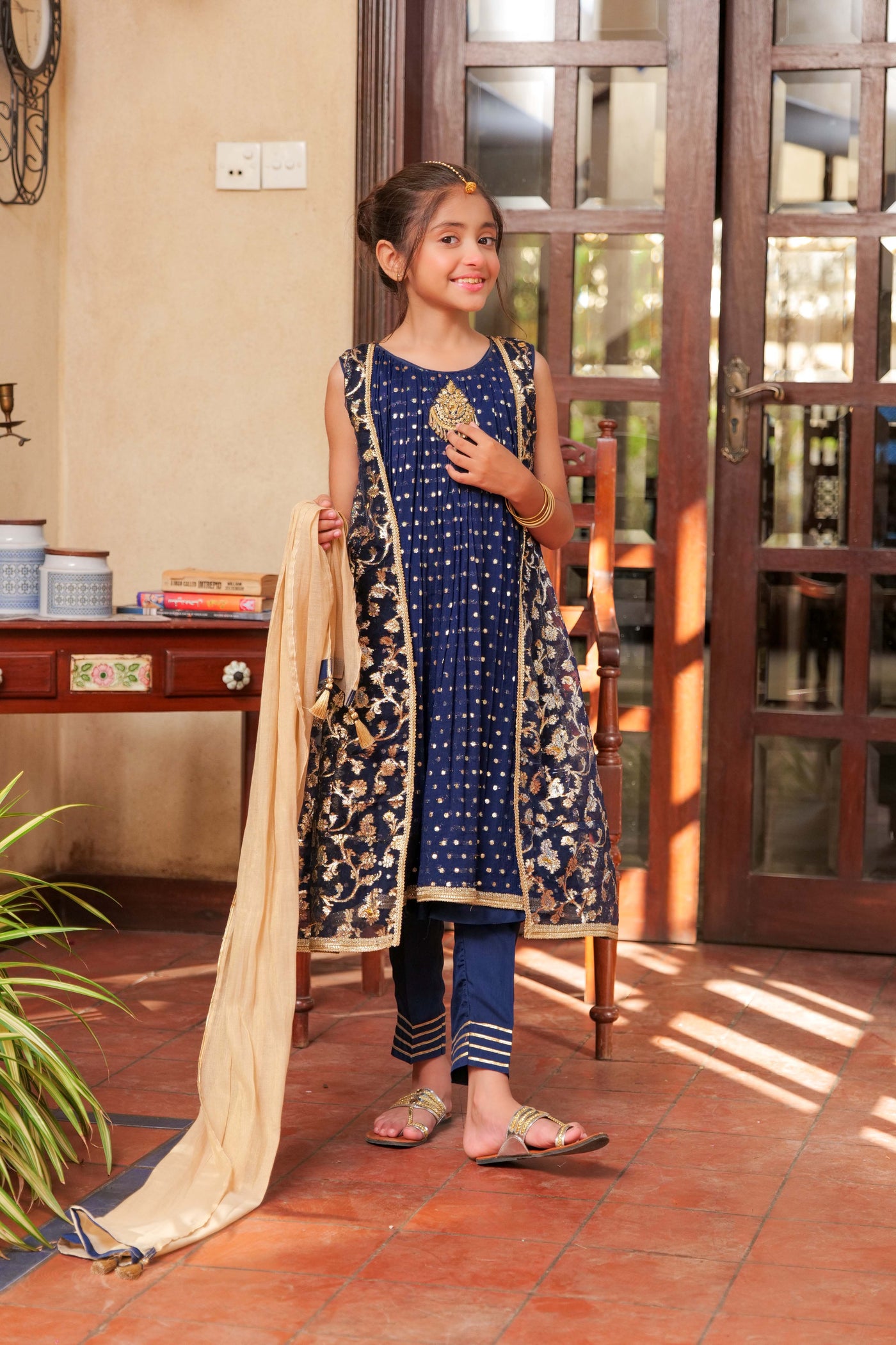 Crinkle Shafoon Navy Blue & Gold Stitched Suit - Senorita