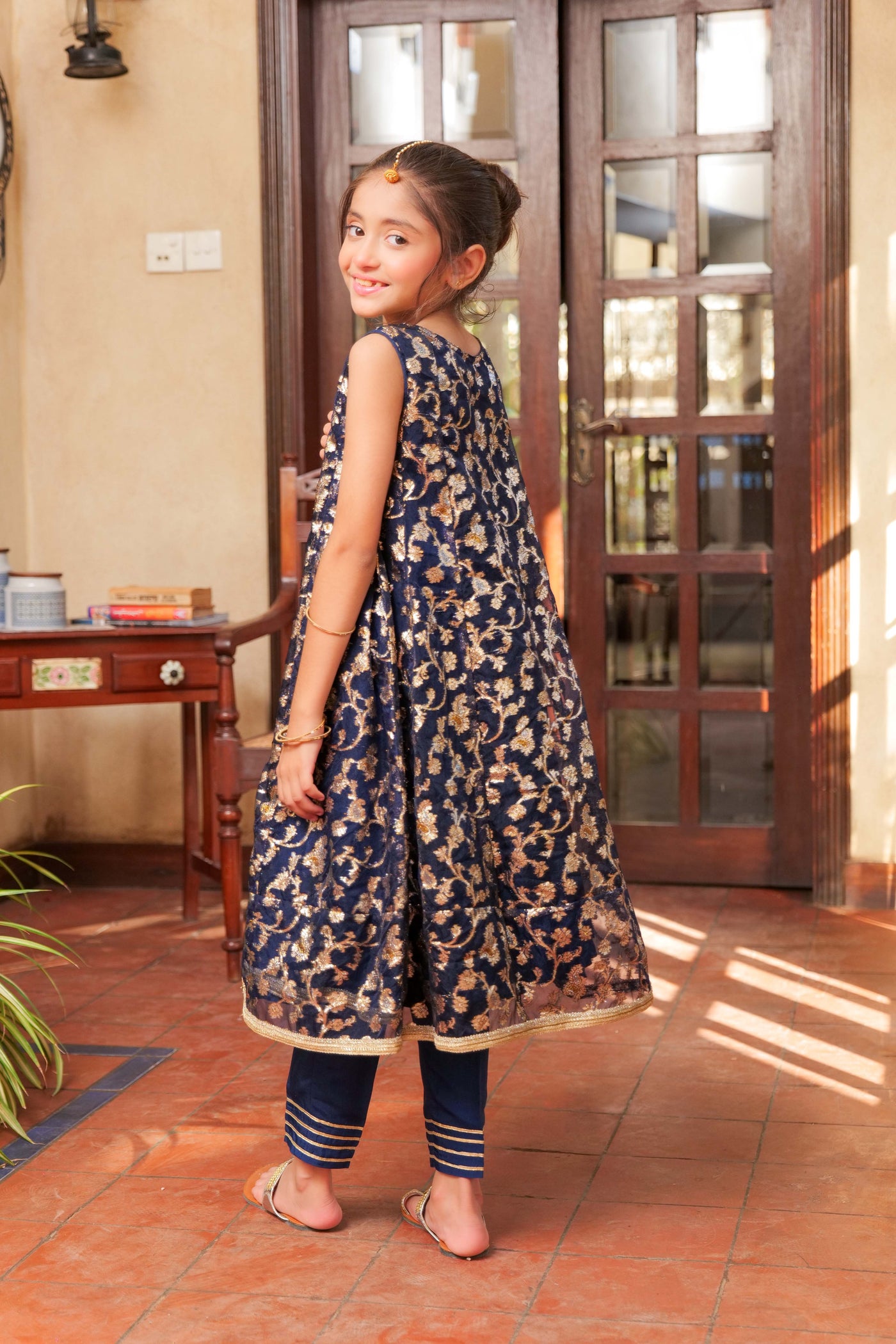 Crinkle Shafoon Navy Blue & Gold Stitched Suit - Senorita