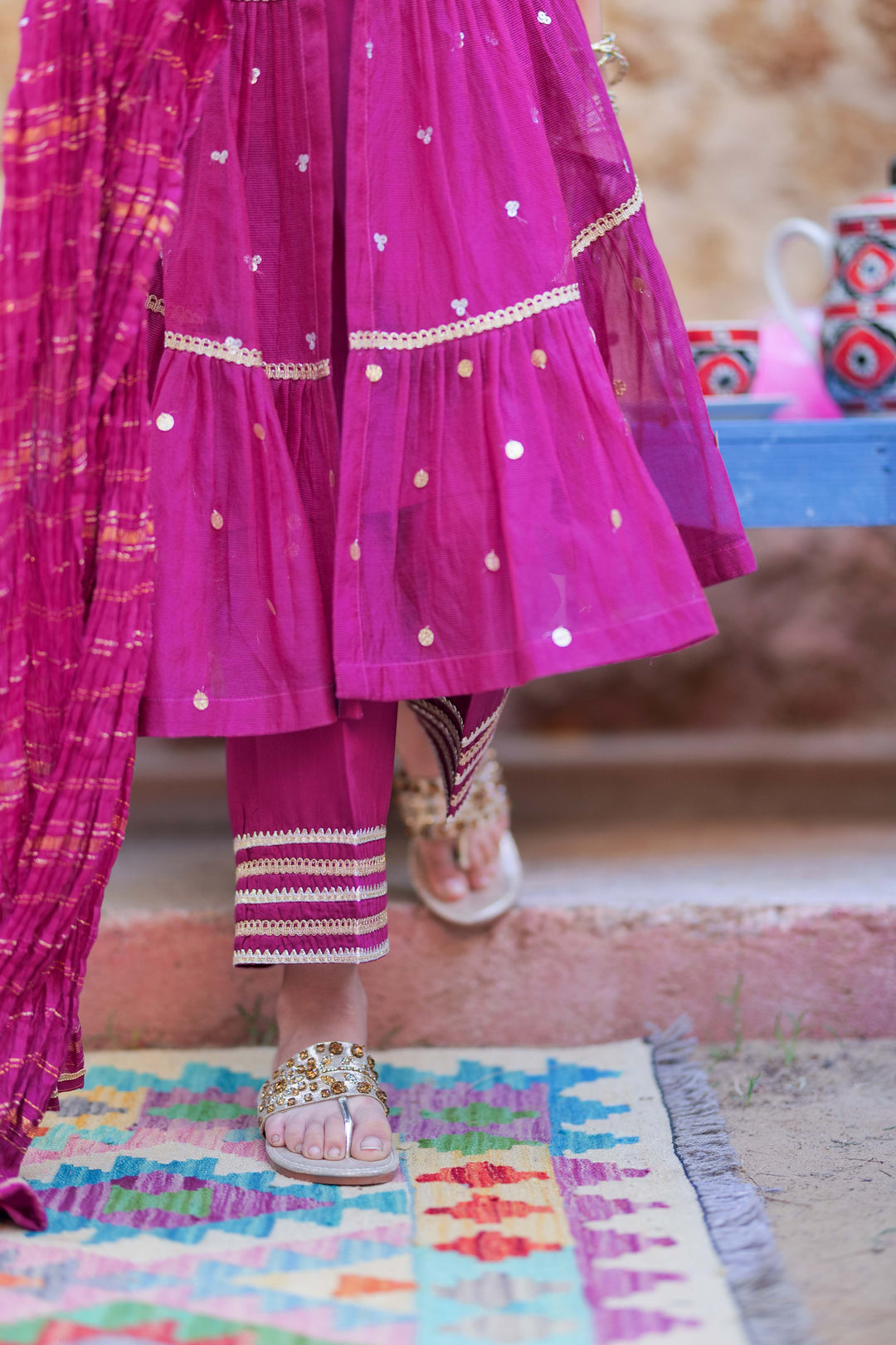 Bori Net Fancy Magenta Stitched Suit - Senorita