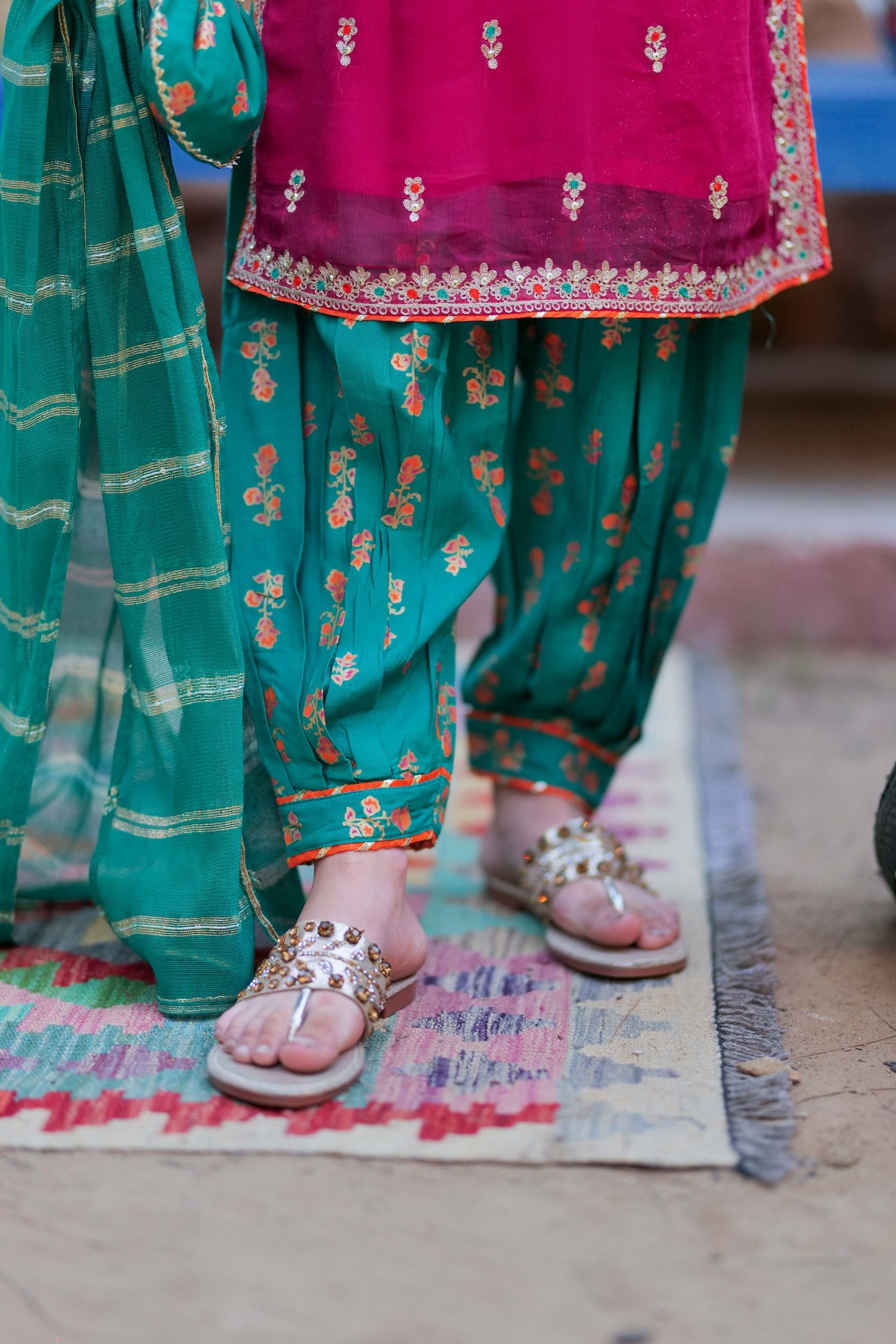 Crinkle Shafoon Fancy Fabric Shocking Pink Stitched Suit - Senorita