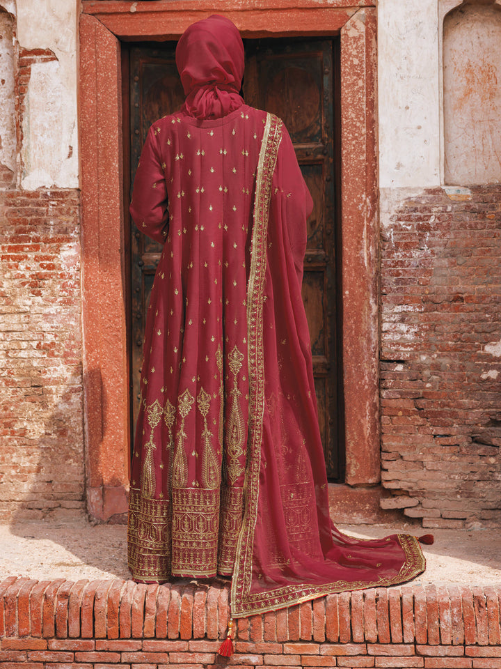 Chiffon Red Stitched Suit - J. Junaid Jamshed