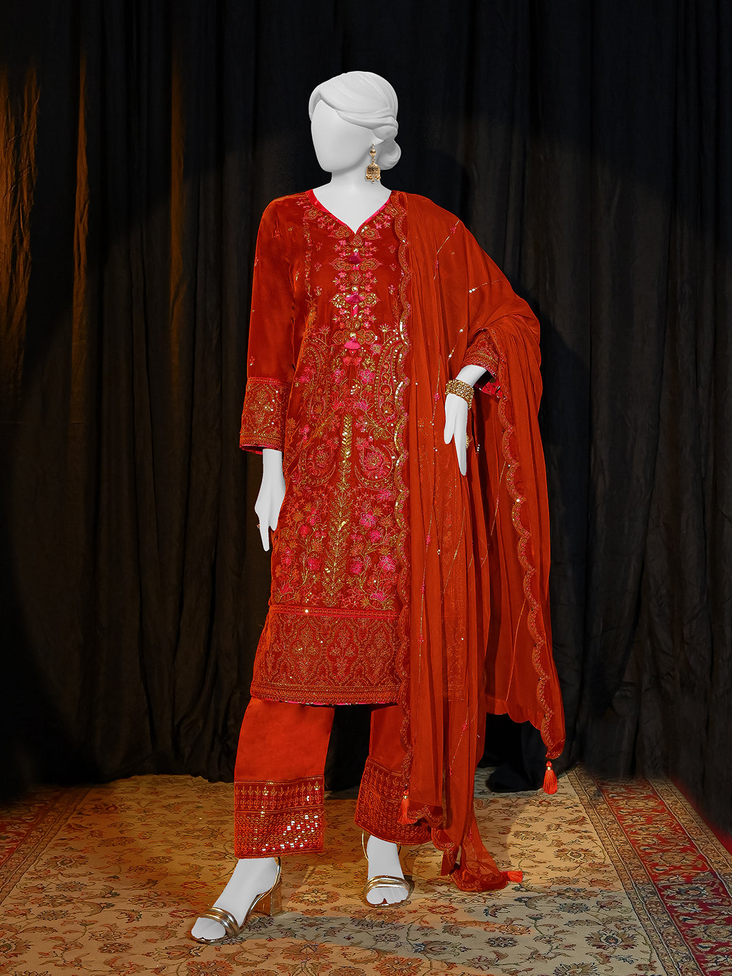 Velvet Rust Unstitched Suit - Panjnad by J. Junaid Jamshed