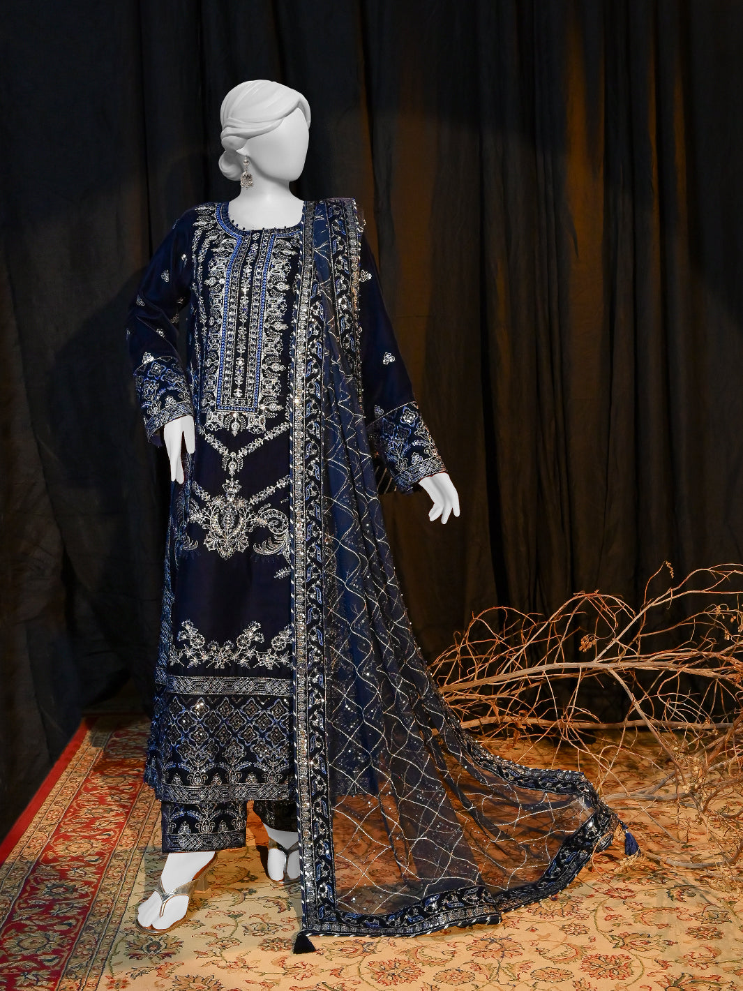 Velvet Navy Blue Unstitched Suit - Panjnad by J. Junaid Jamshed