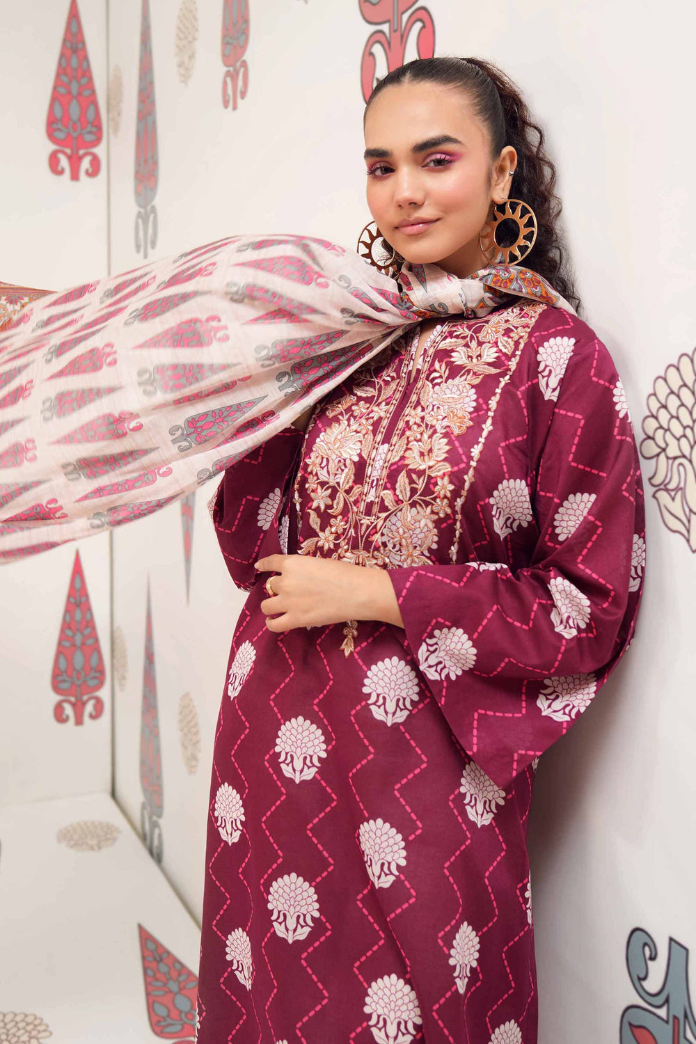 Printed Maroon 3 Piece Suit - Nishat