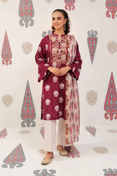 Printed Maroon 3 Piece Suit - Nishat