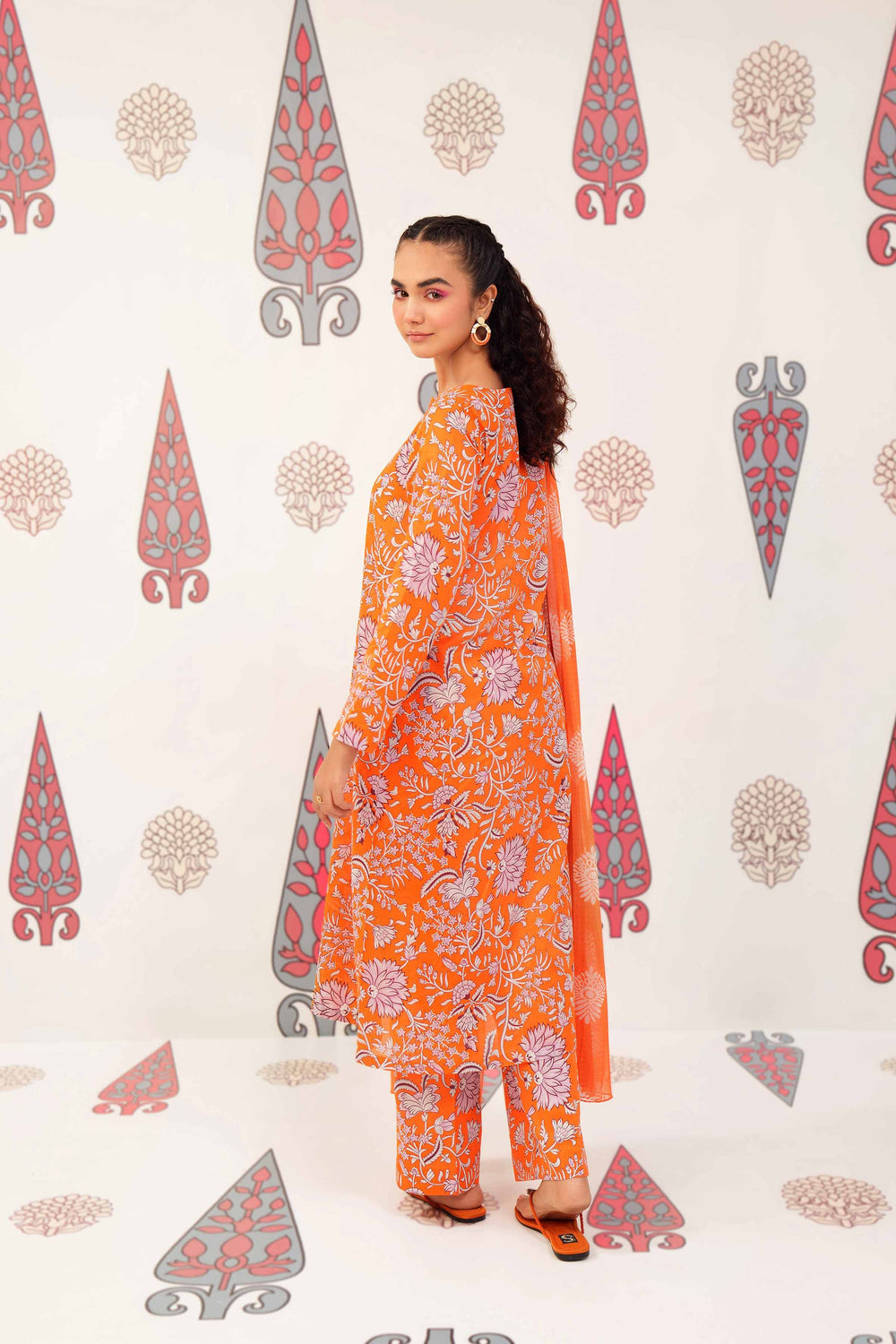 Printed Orange 3 Piece Suit - Nishat