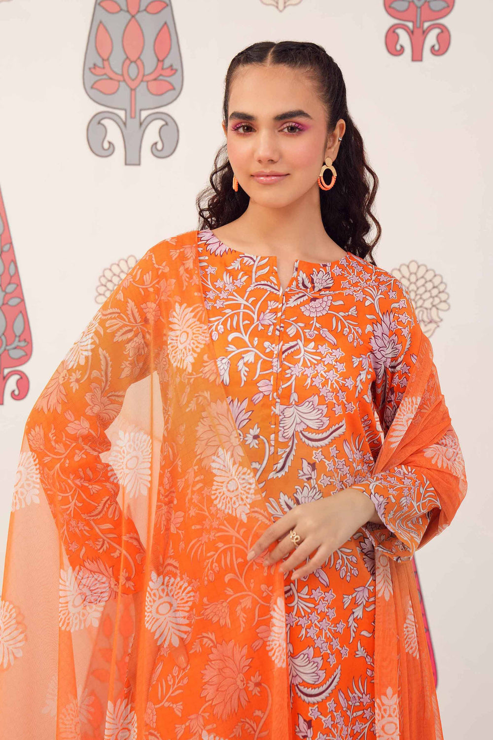 Printed Orange 3 Piece Suit - Nishat