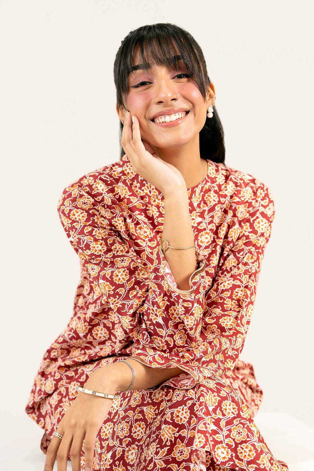 Cambric Maroon Stitched Suit - Nishat