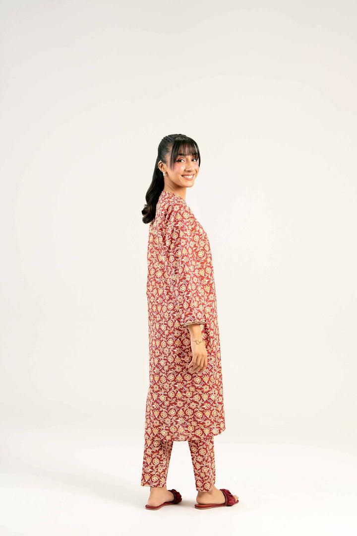 Cambric Maroon Stitched Suit - Nishat