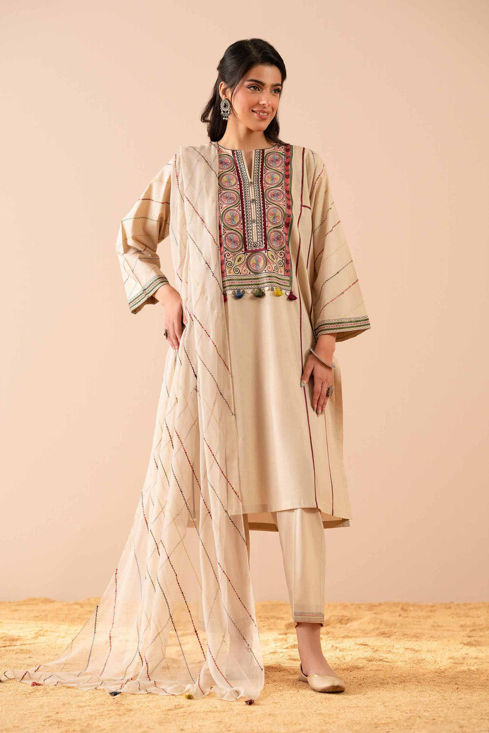 Cambric Beige Stitched Suit - Nishat