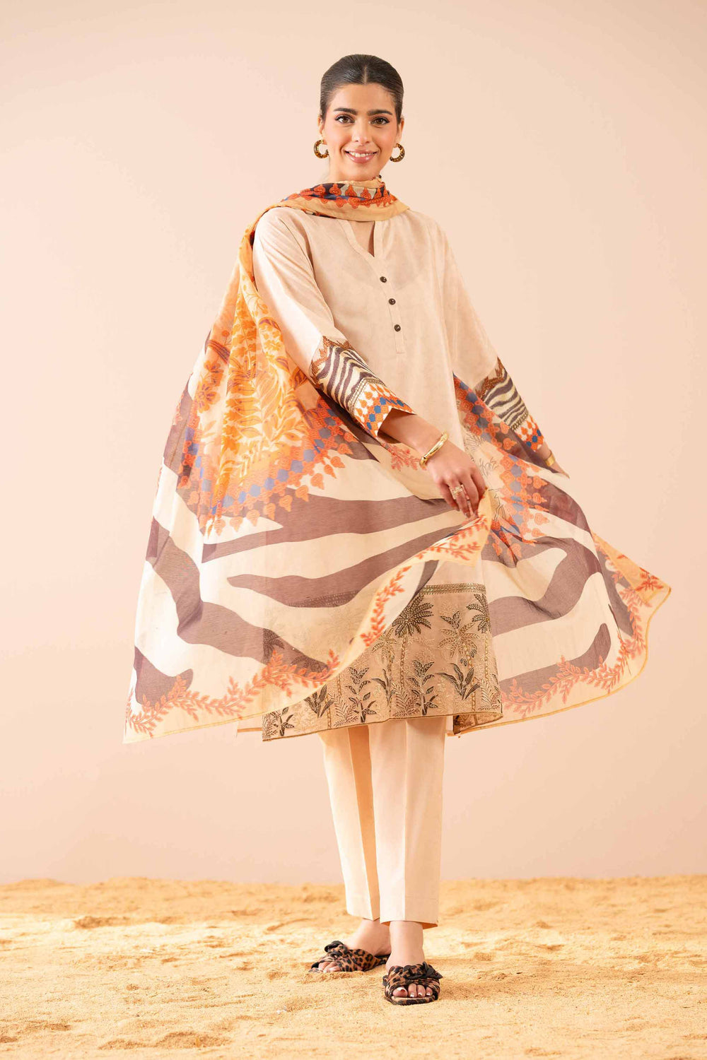 Cambric Beige Stitched Suit - Nishat