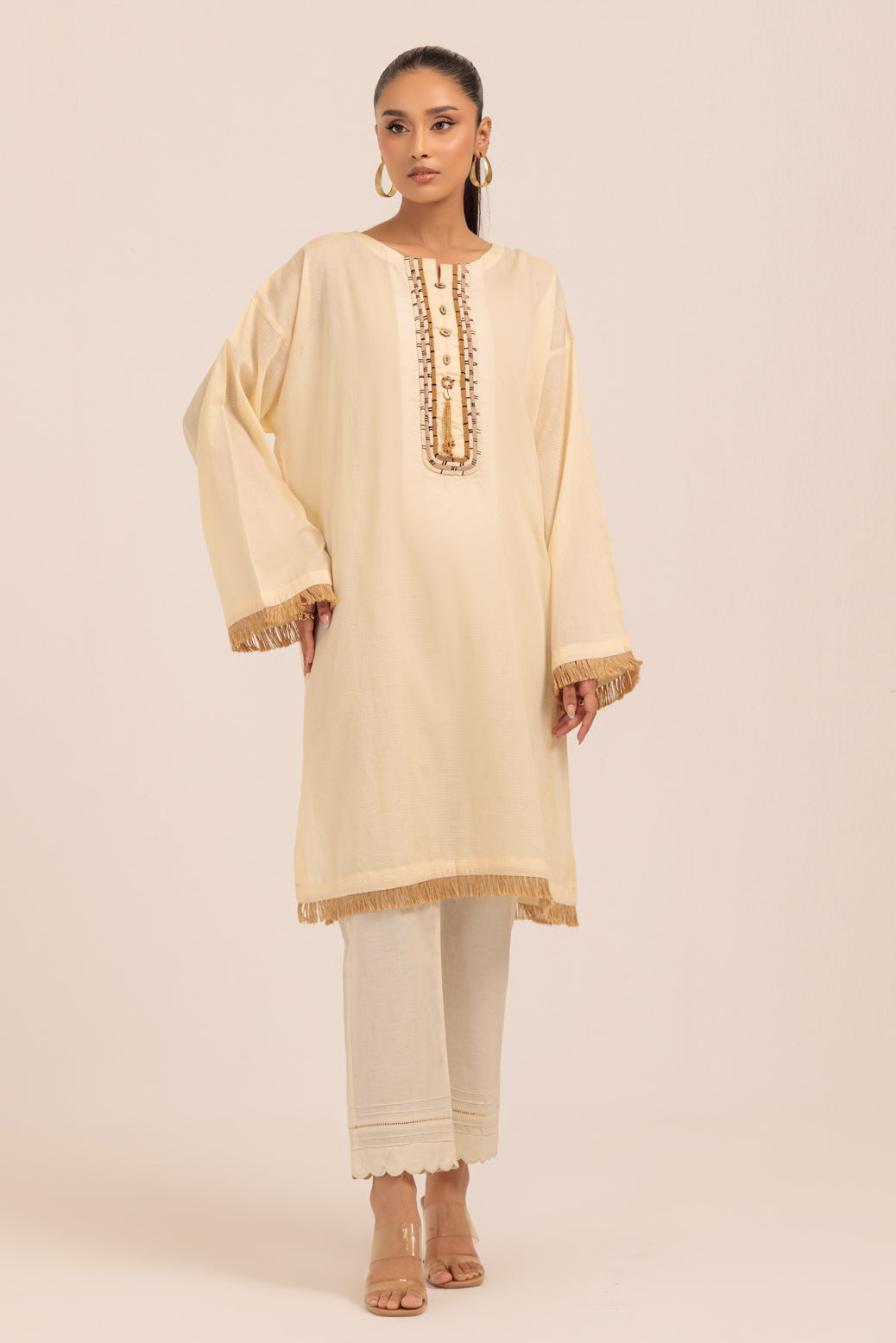 Dyed Self Jacquard Beige Kurti - Bonanza