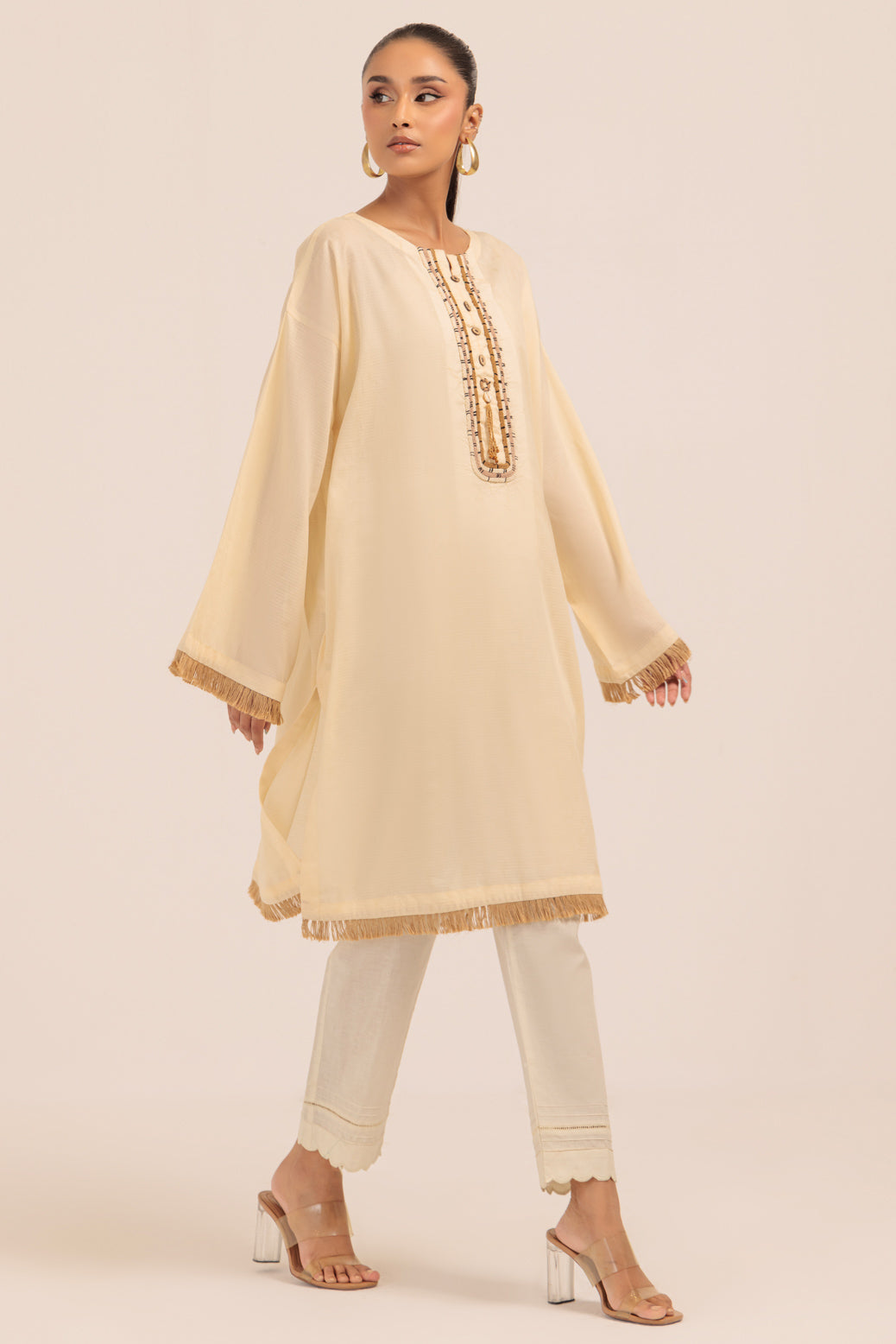 Dyed Self Jacquard Beige Kurti - Bonanza