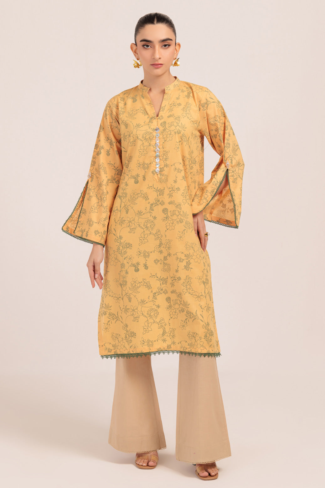 Dyed Cambric Screen Printed Mustard Kurti - Bonanza