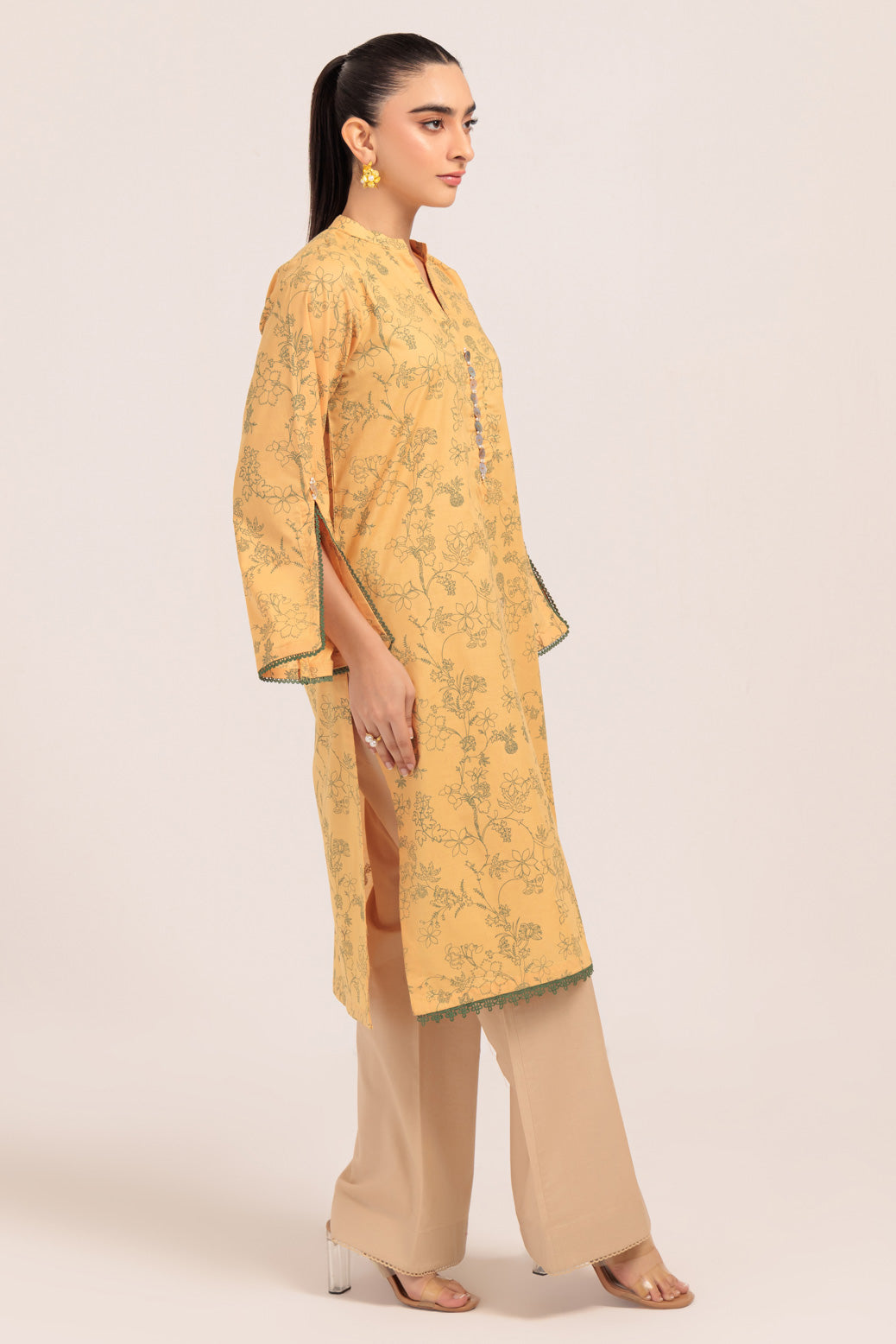 Dyed Cambric Screen Printed Mustard Kurti - Bonanza