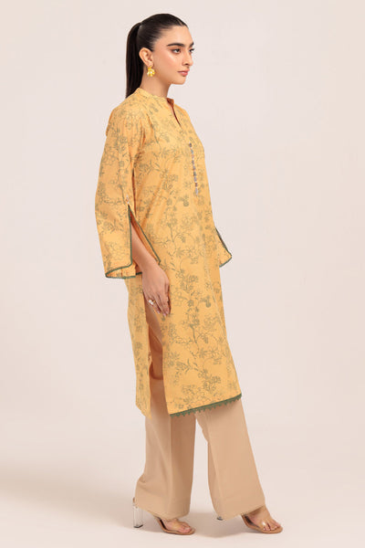 Dyed Cambric Screen Printed Mustard Kurti - Bonanza