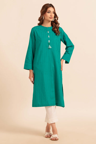 Dyed Self Jacquard Teal Kurti - Bonanza