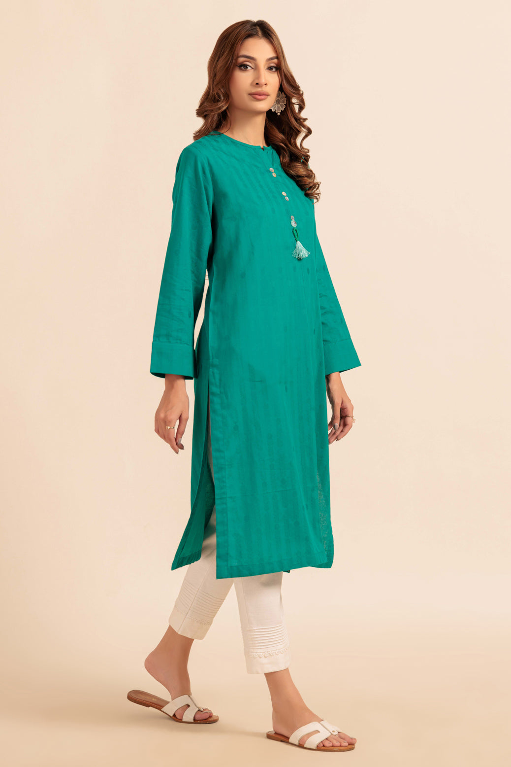 Dyed Self Jacquard Teal Kurti - Bonanza