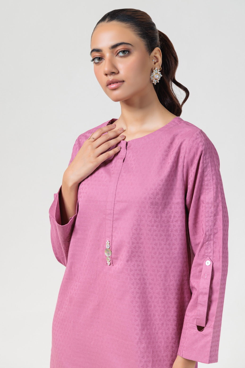 Dyed Self Jacquard Pink Kurti - Bonanza