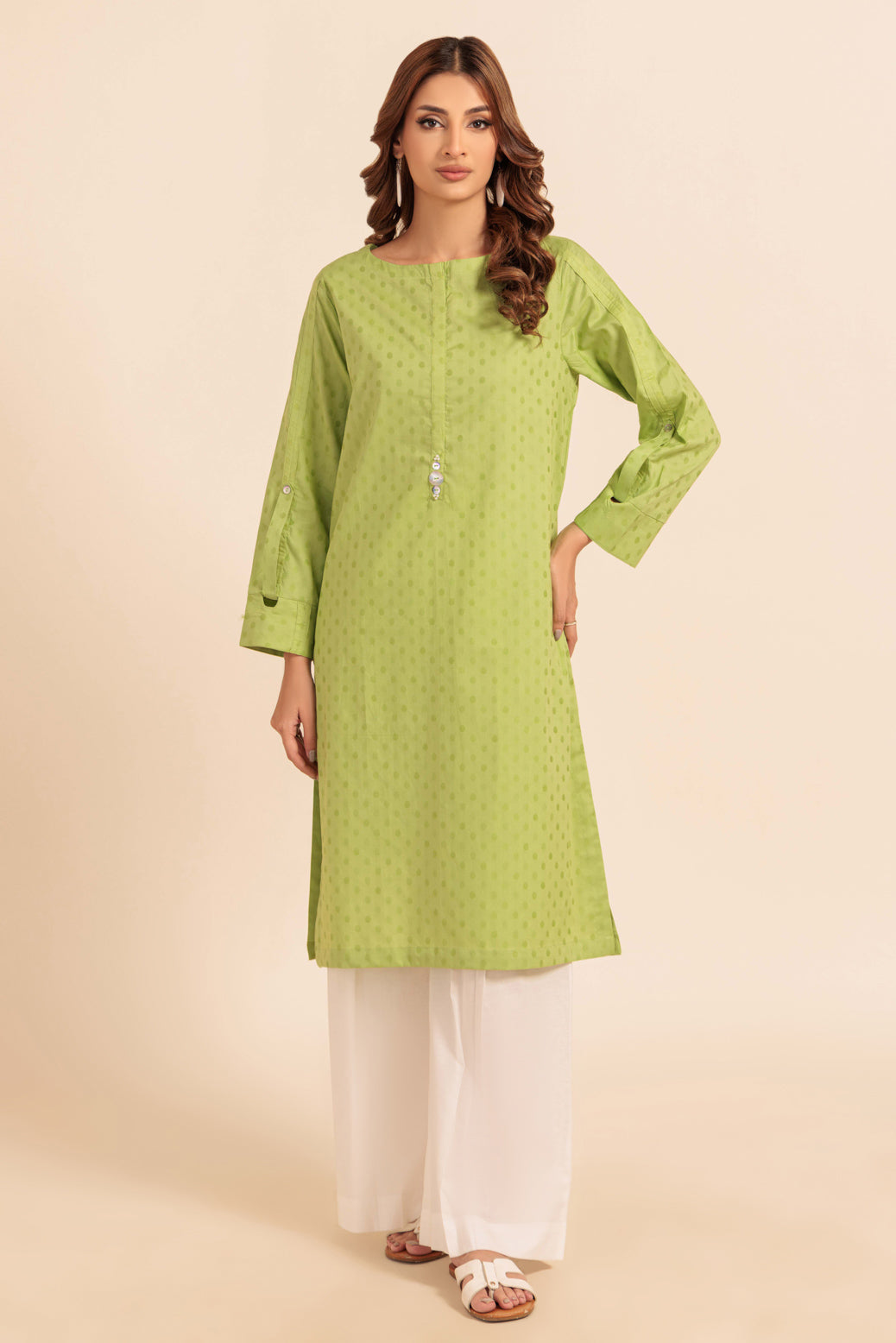 Dyed Self Jacquard Green Kurti - Bonanza