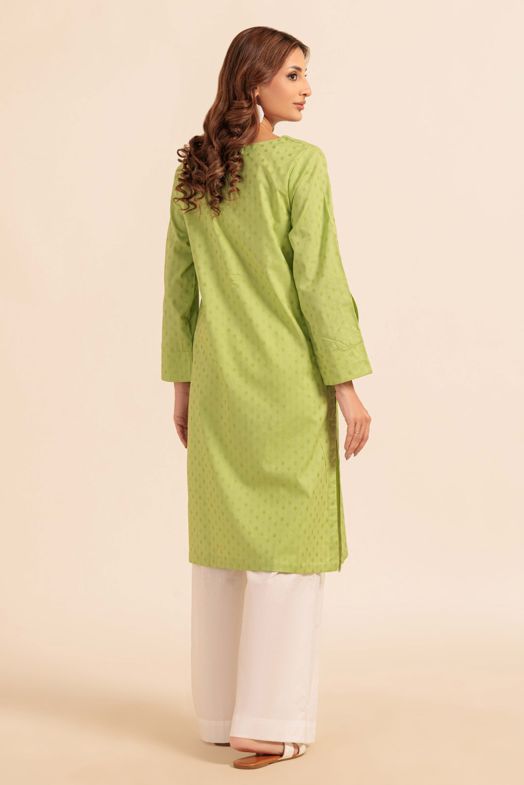 Dyed Self Jacquard Green Kurti - Bonanza