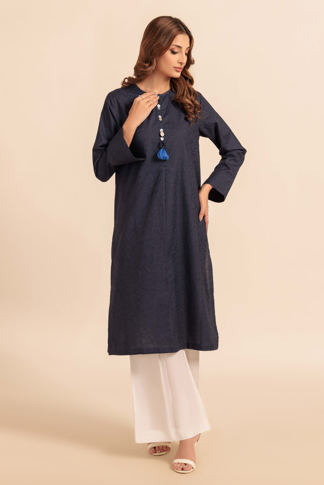 Dyed Self Jacquard Blue Kurti - Bonanza