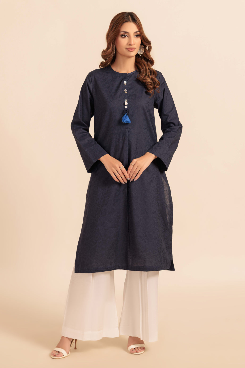 Dyed Self Jacquard Blue Kurti - Bonanza