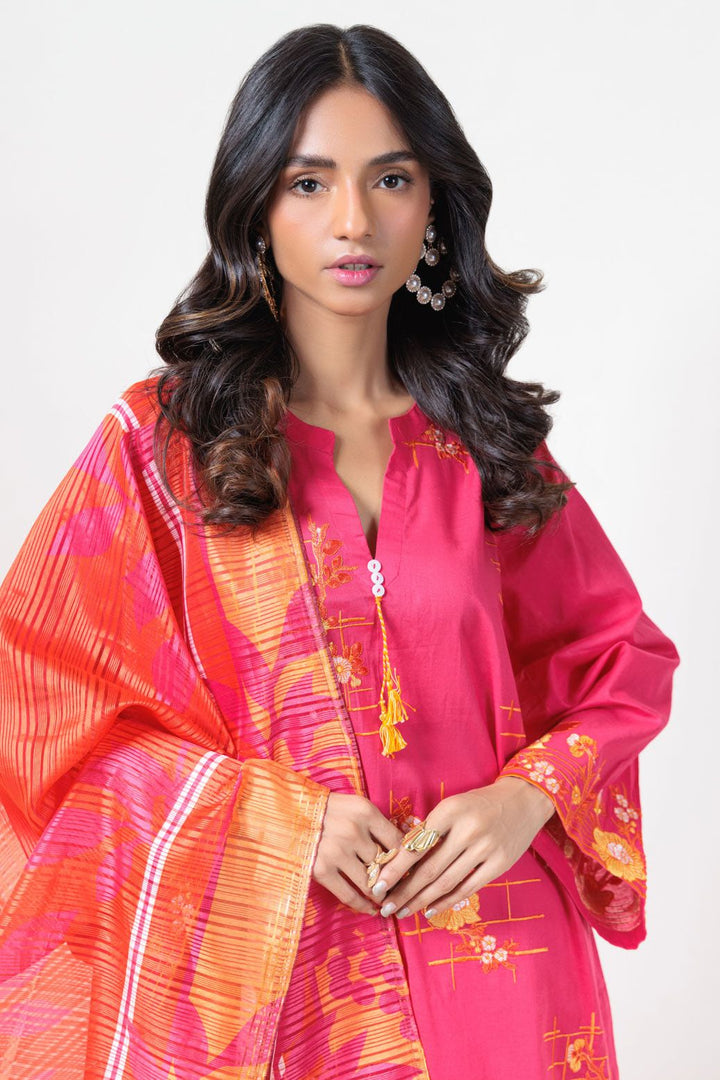 Dyed Cambric Embroidery Pink Stitched Suit - Bonanza