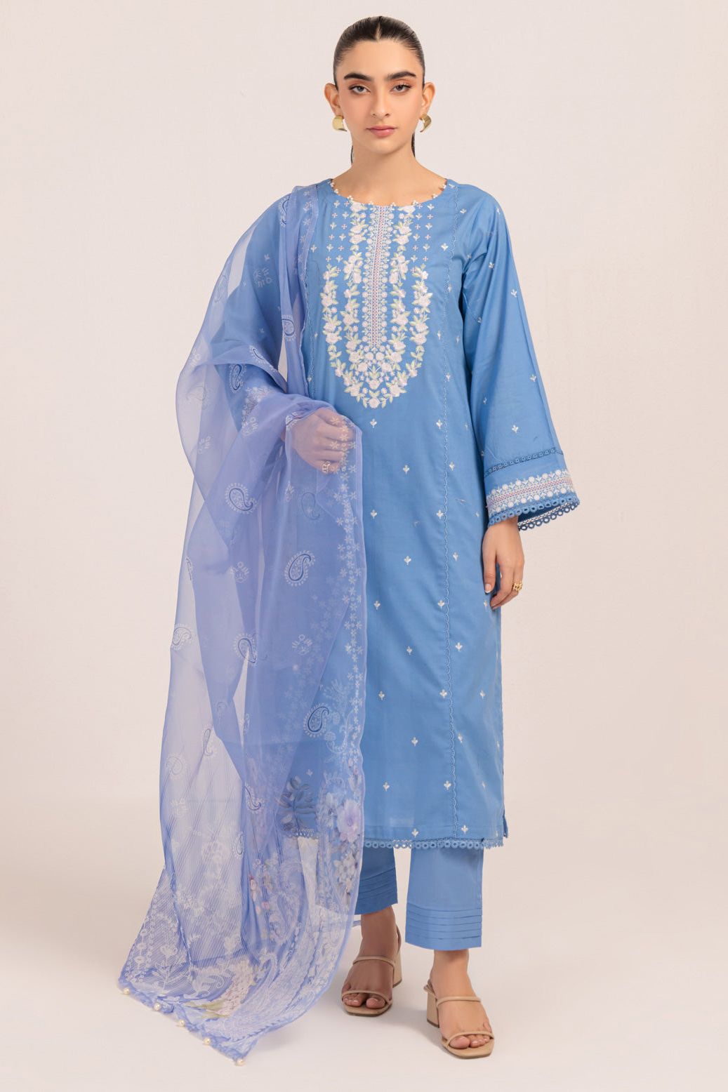 Dyed Cambric Embroidered Blue Stitched Suit - Bonanza