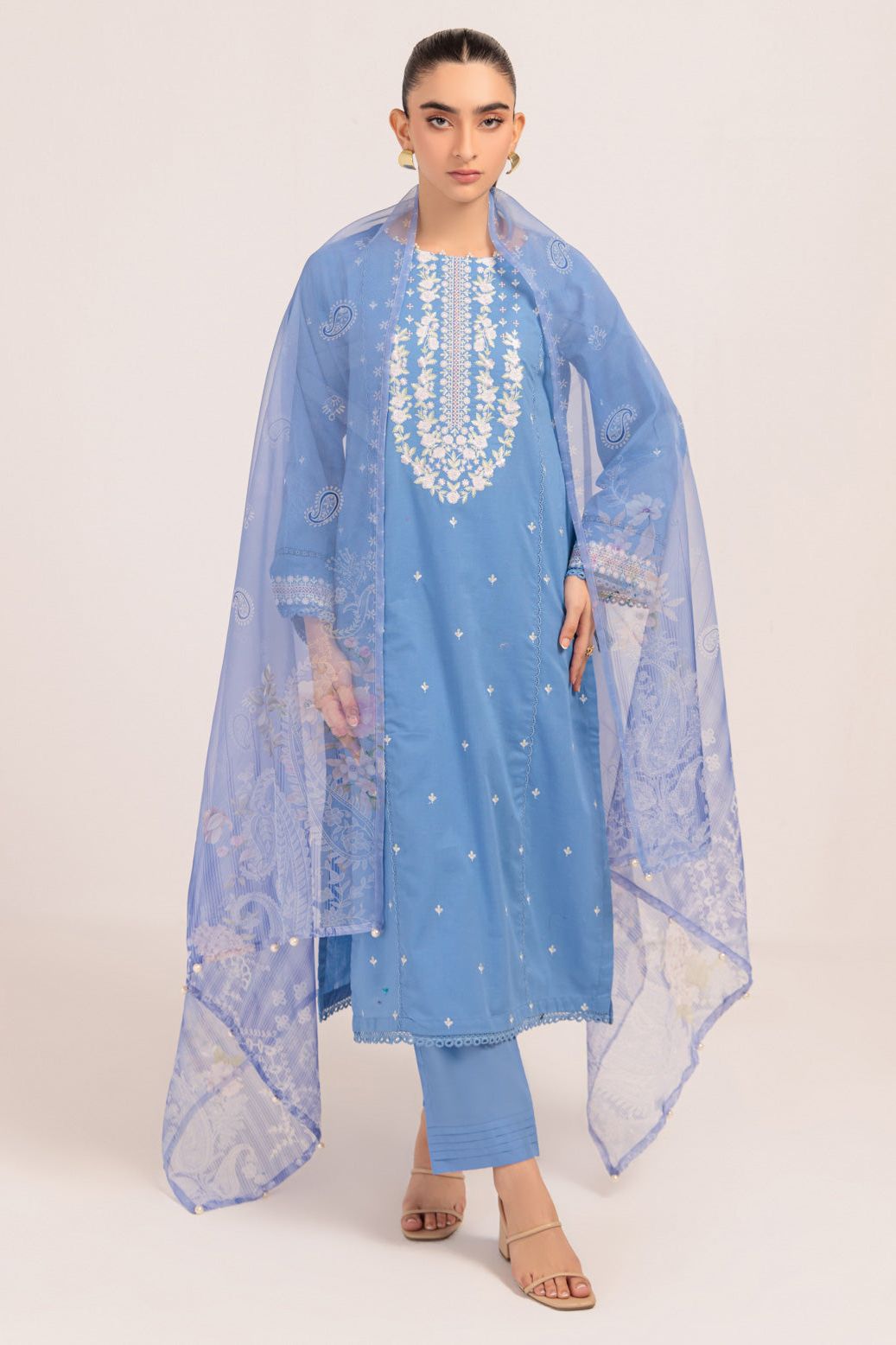 Dyed Cambric Embroidered Blue Stitched Suit - Bonanza