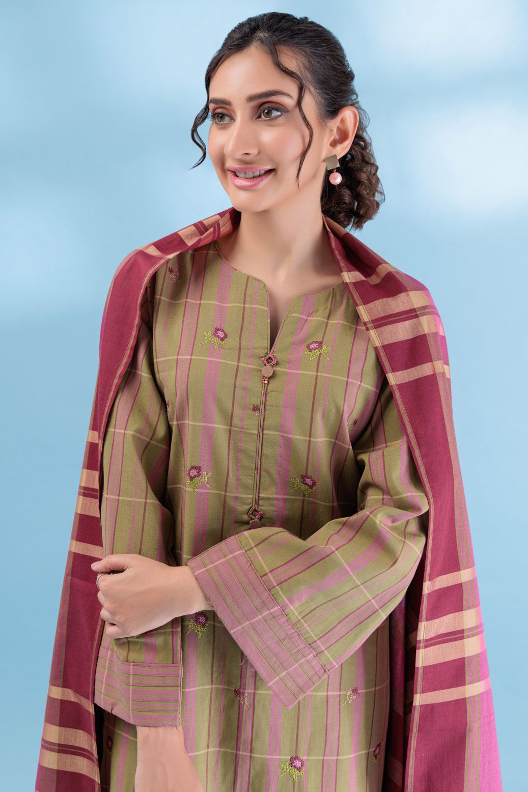 Yarn Dyed Olive Green 2 Piece Stitched Suit - Bonanza