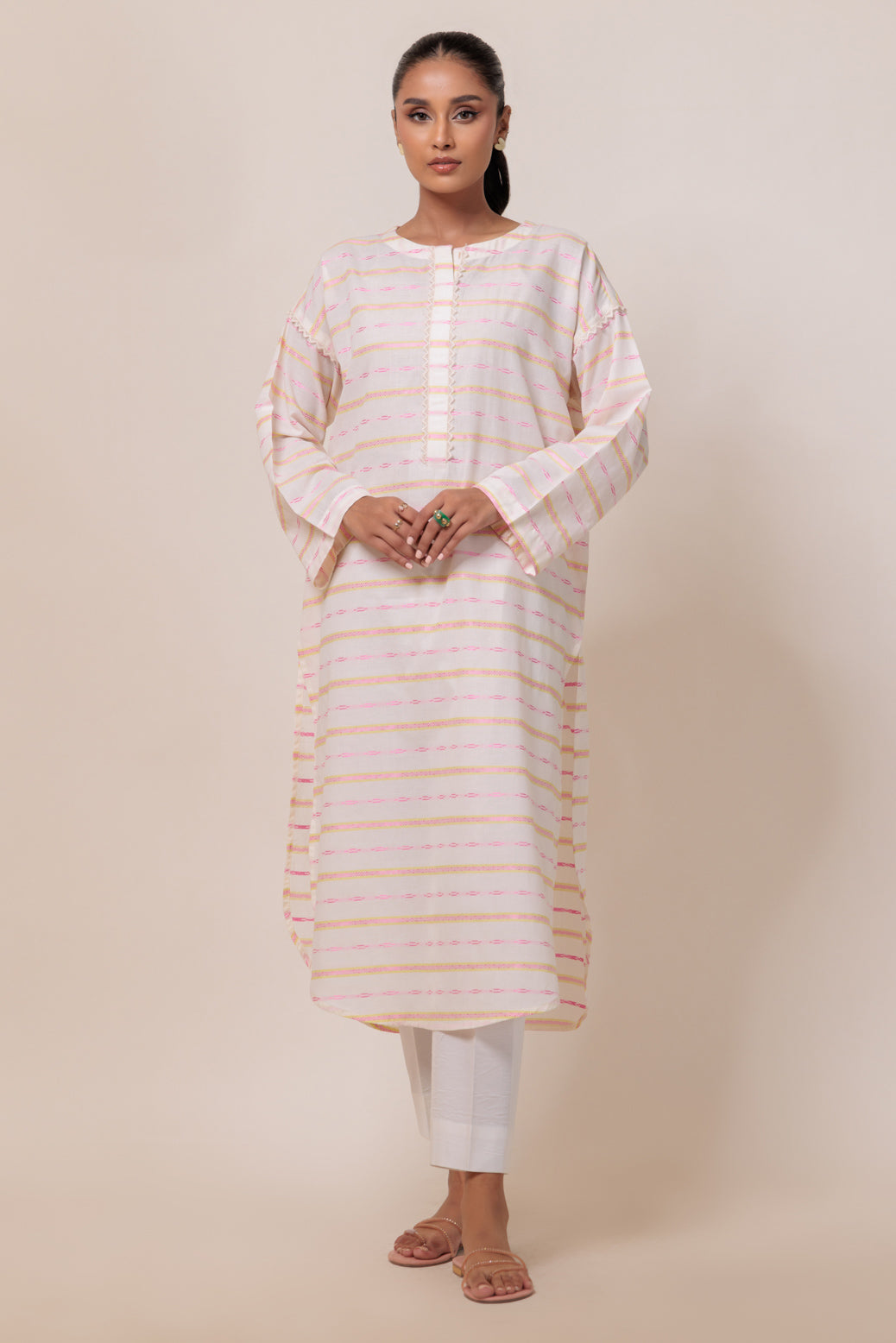 Dyed Self Jacquard Off White Kurti - Bonanza